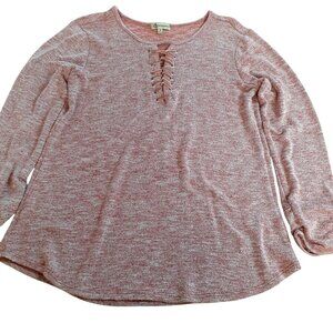 Democracy Womens Knit Top Medium Pink Lace-Up Round Neck Long Sleeve